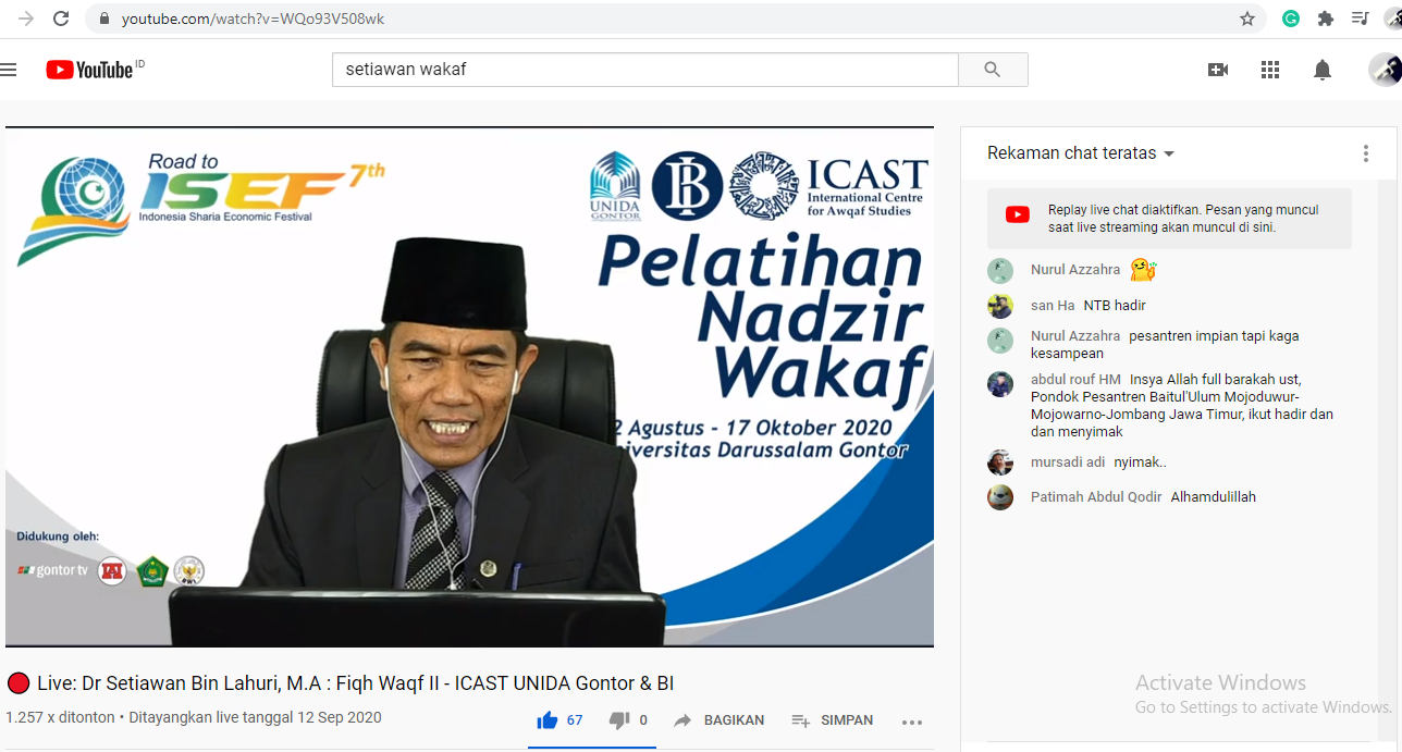 Pelatihan Nadzir Wakaf Virtual: Dr Setiawan Bin Lahuri, M.A : Fiqh Waqf II – ICAST UNIDA Gontor & BI